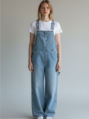Mango Light Blue Denim Overalls with paint details
